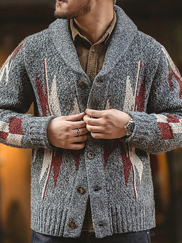 Men's vintage jacquard lapel button-knit sweater