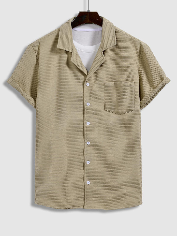 Men's Textured Waffle Cuban Collar Shirt Corduroy Casual Shorts Set