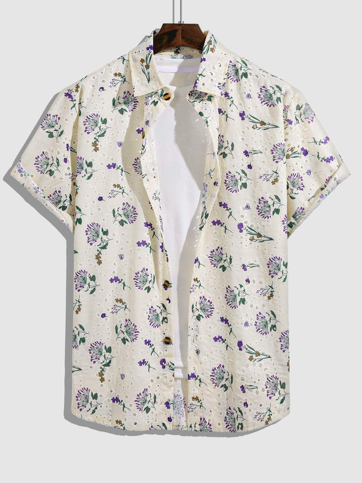 Men's Printed Floral Cutout Button Short Sleeve Shirt