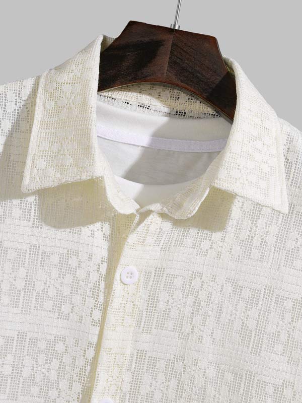 Men's Geometric Plaid Hollow Short Sleeve Shirt