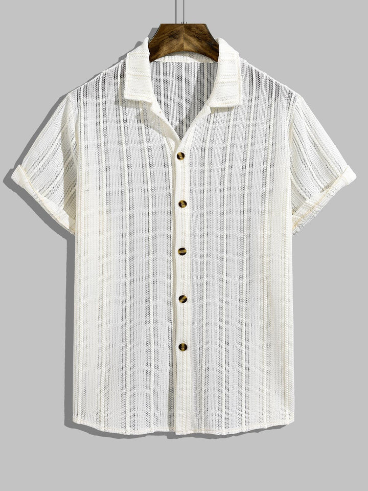 Men's Comfortable Hollow Striped Button-Down Short Sleeve Shirt