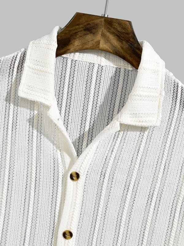 Men's Comfortable Hollow Striped Button-Down Short Sleeve Shirt