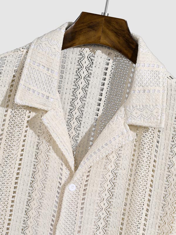 Men's Solid Color Hollow Cuban Collar Crochet Short Sleeve Shirt