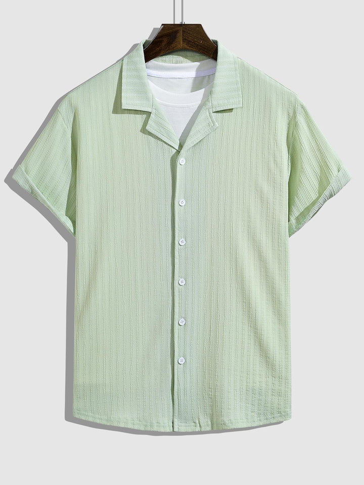 Men's solid color striped textured Cuban collar casual short-sleeved shirt