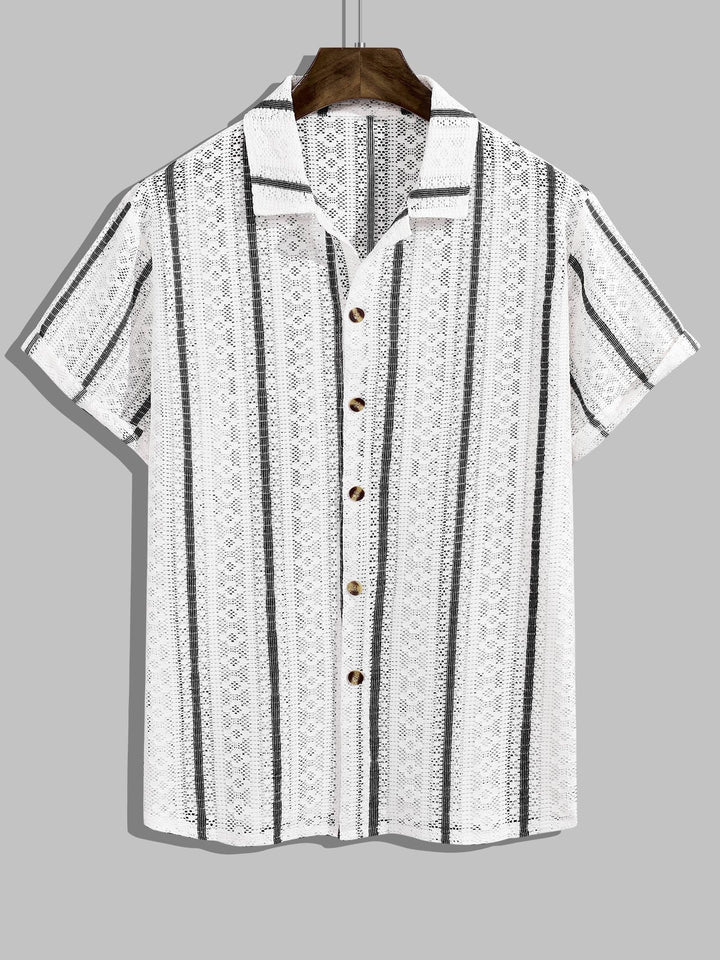 Men's Striped Hollow Knitted Casual Short Sleeve Shirt