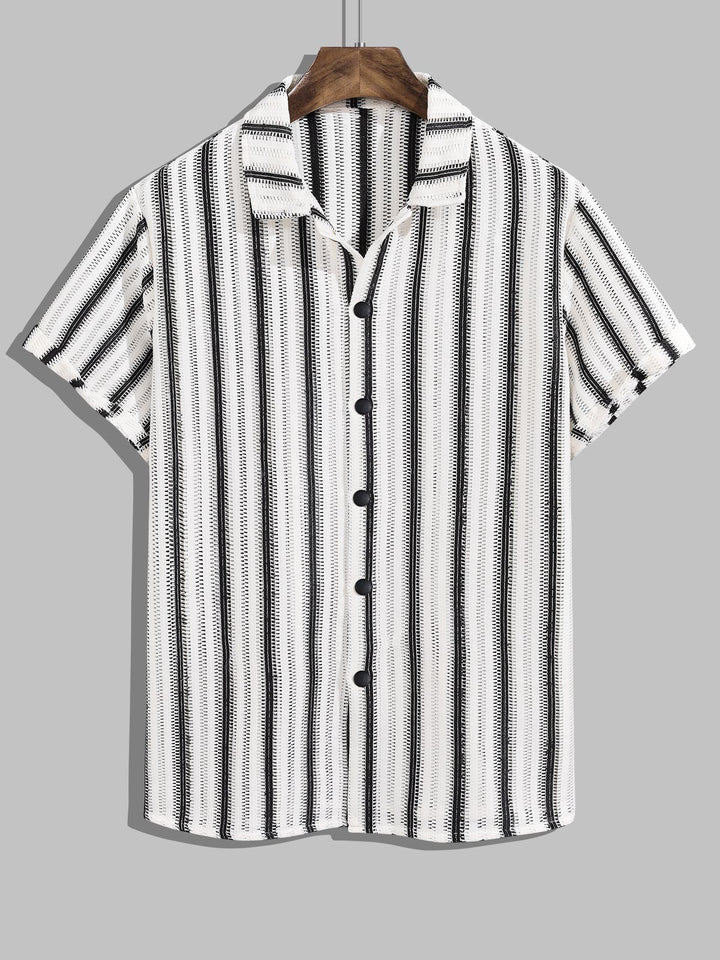 Men's Striped Hollow Casual Button-Down Short Sleeve Shirt