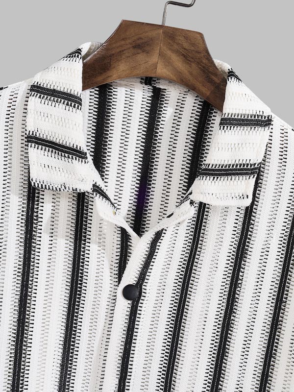 Men's Striped Hollow Casual Button-Down Short Sleeve Shirt