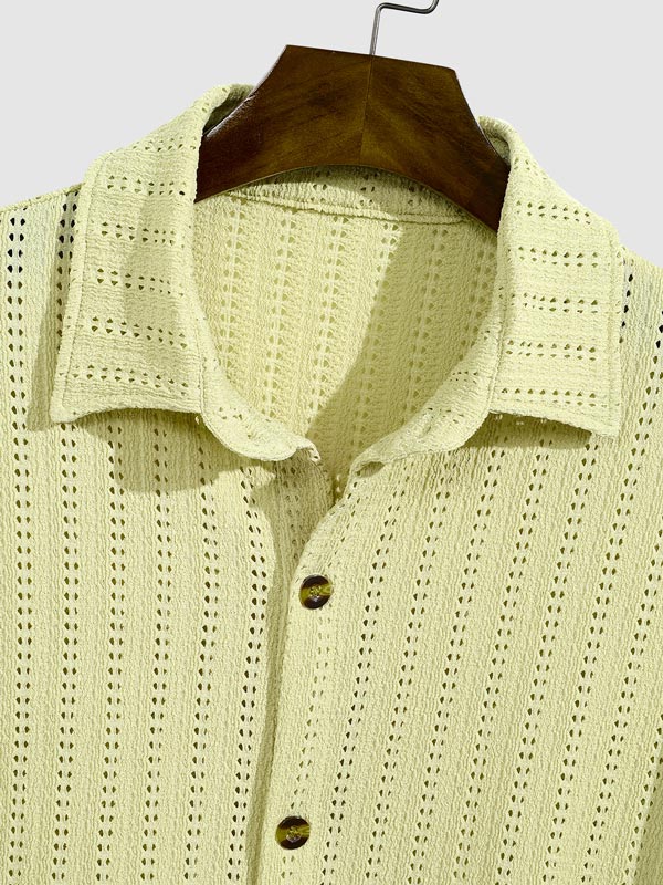 Men's solid color seersucker texture hollow lapel short-sleeved shirt