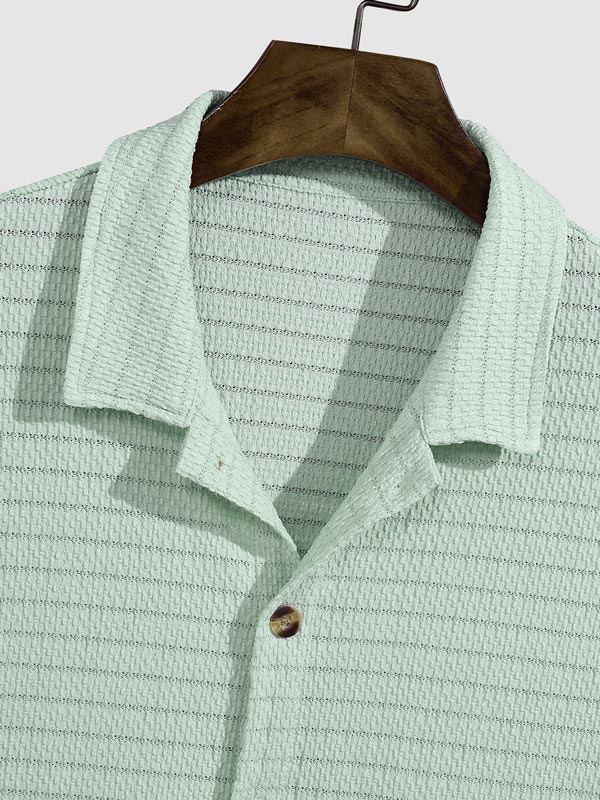 Men's seersucker texture solid color lapel short-sleeved shirt