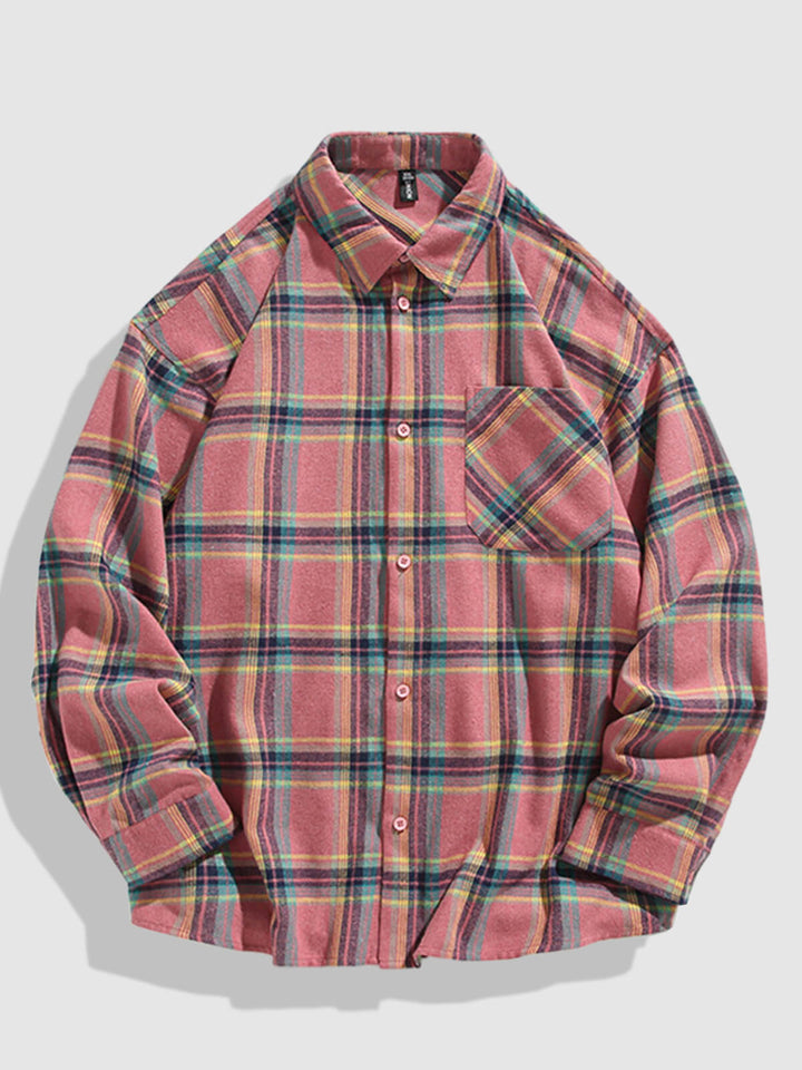 Men's Casual Plaid Pocket Button-Down Long Sleeve Shirt