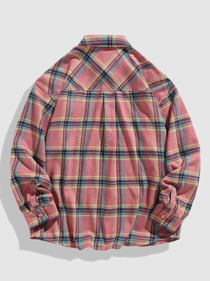 Men's Casual Plaid Pocket Button-Down Long Sleeve Shirt