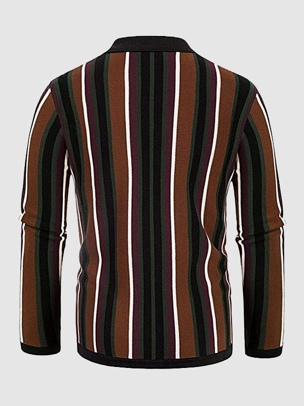 Men's striped jacquard lapel button-down sweater