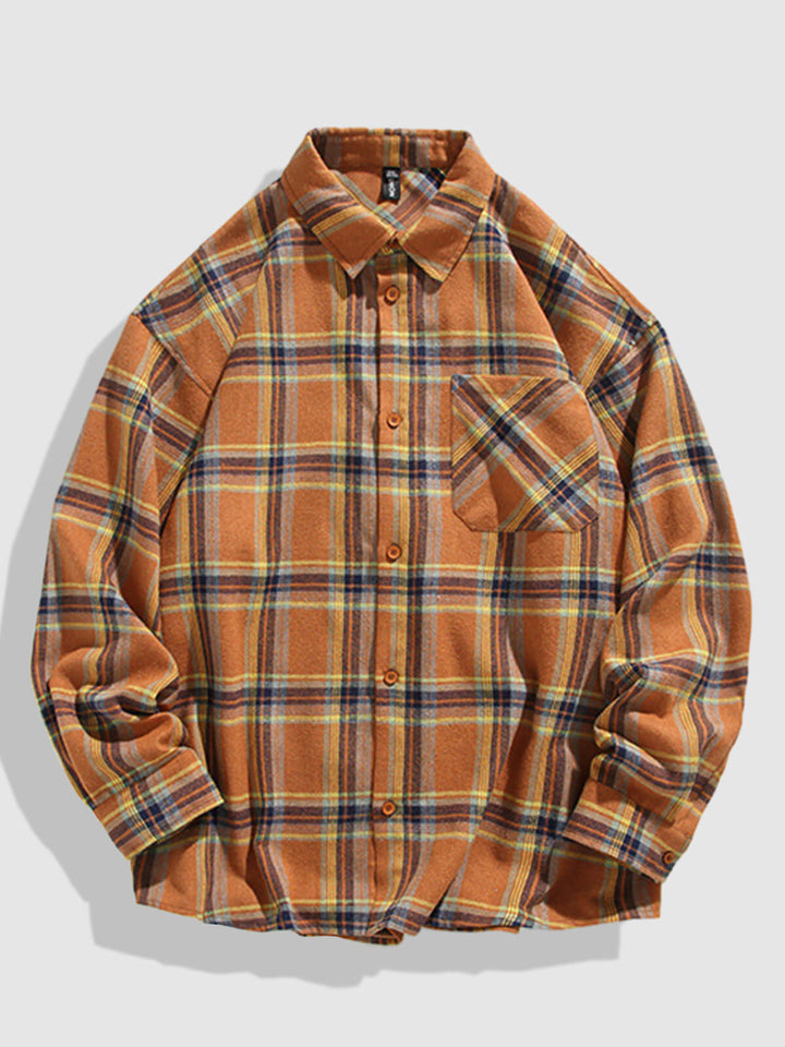 Men's Casual Plaid Pocket Button-Down Long Sleeve Shirt