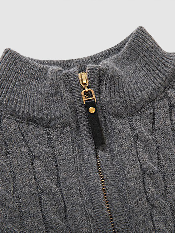 Men's Solid Color Cable Casual Half-Zip Stand Collar Sweater