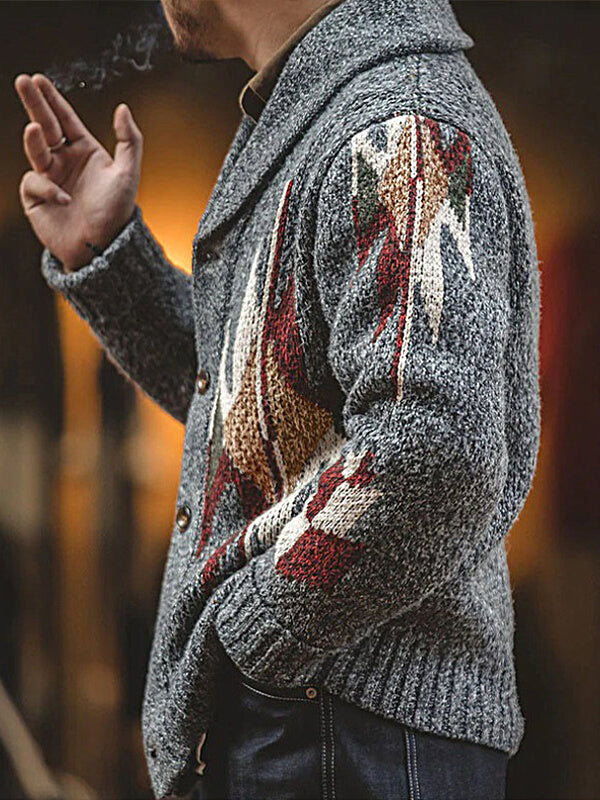 Men's vintage jacquard lapel button-knit sweater