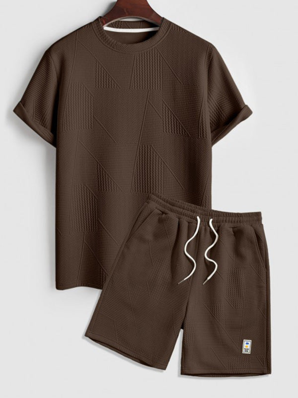 Geometric jacquard round neck T-shirt + shorts 2-piece set-COFFEE