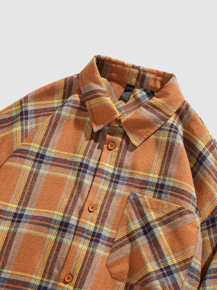 Men's Casual Plaid Pocket Button-Down Long Sleeve Shirt