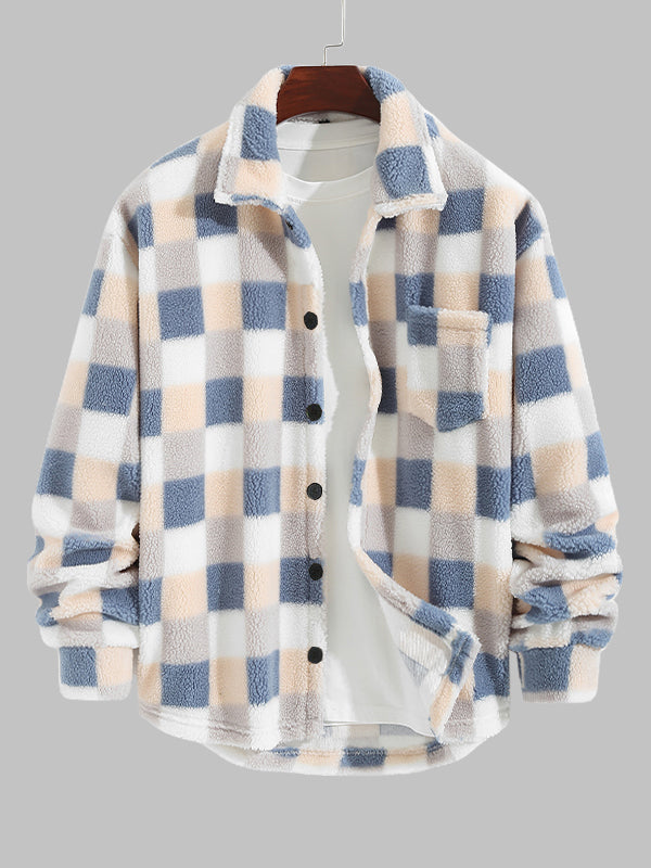 Classic Plaid Fluffy Single Pocket Button Lapel Jacket