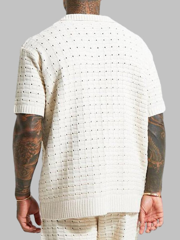 Men's solid color hollow V-neck knitted short sleeves