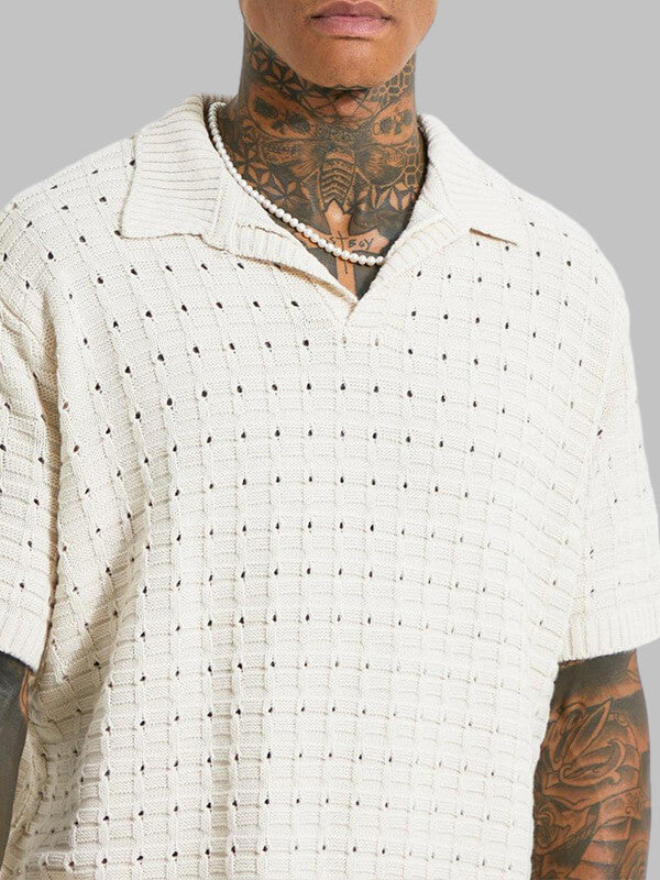 Men's solid color hollow V-neck knitted short sleeves