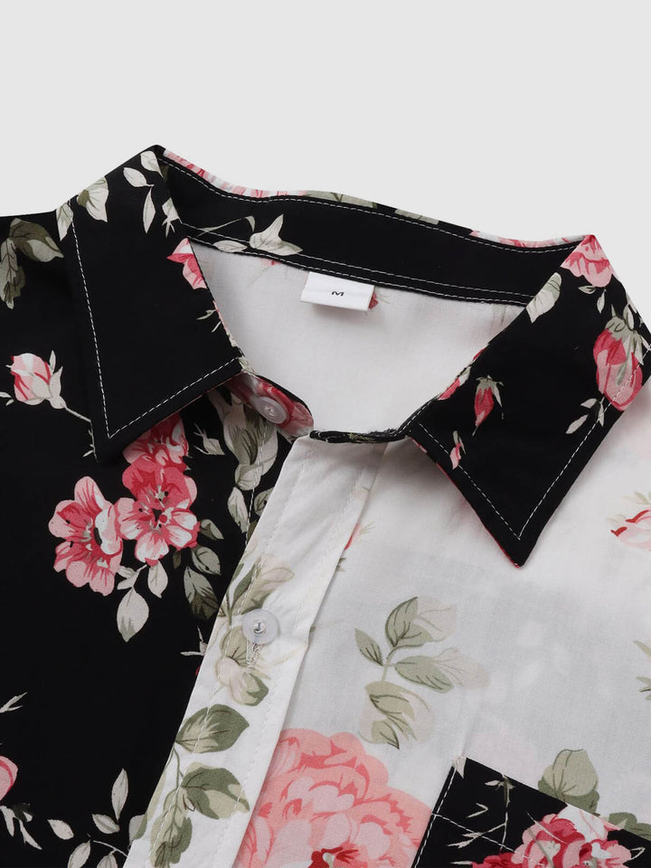 Men's Hawaiian Floral Patchwork Short Sleeve Shirt Swimming Shorts Set