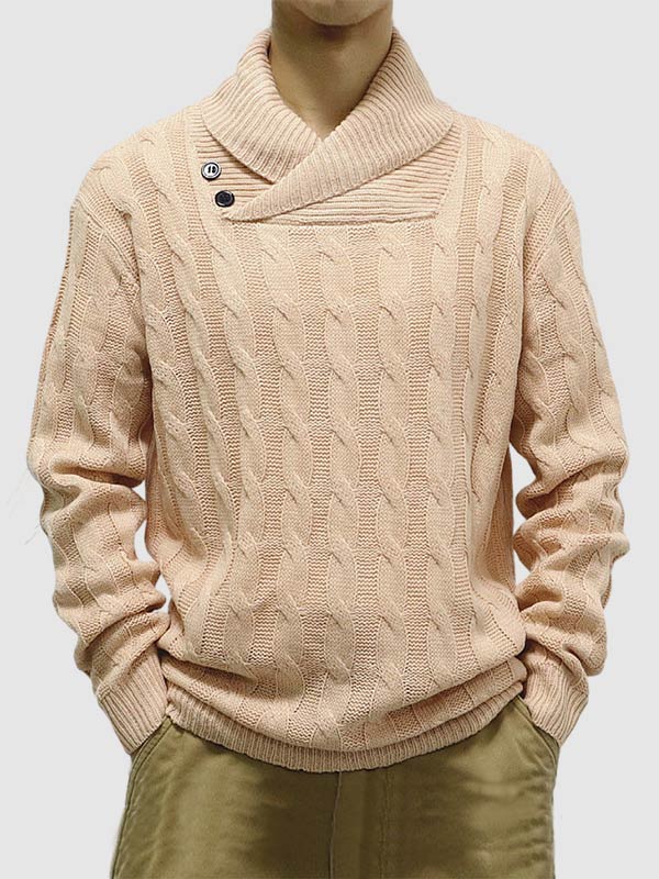 Men's Solid Color Cable-Knit Slim Fit Slant Collar Pullover Sweate