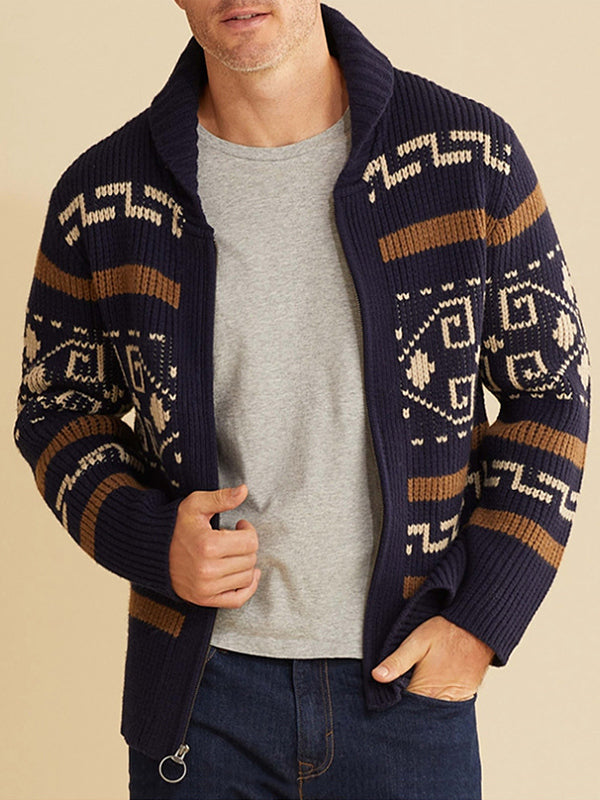 Men's lapel jacquard knitted casual sweater cardigan jacket