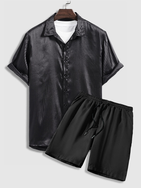 Men's satin striped business short-sleeved shirt casual shorts set