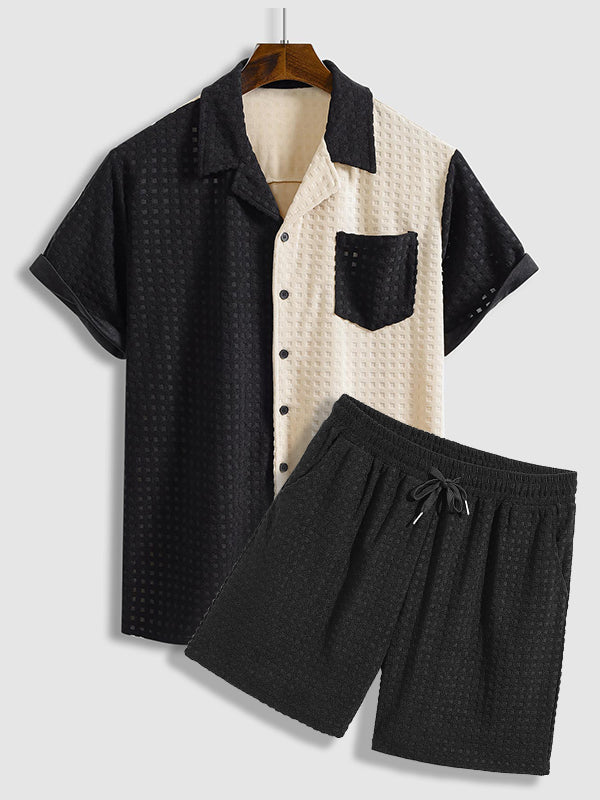 Men's Terry Cloth Plaid Color Block Cuban Collar Shirt Casual Shorts Set