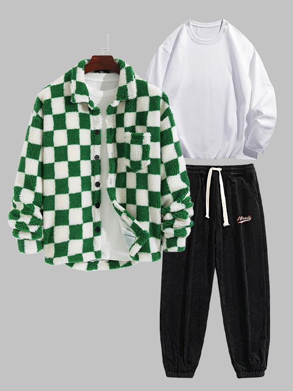 Men's classic checkerboard Fly Fluffy Fleece Jacket basic T-shirt corduroy pants casual suit