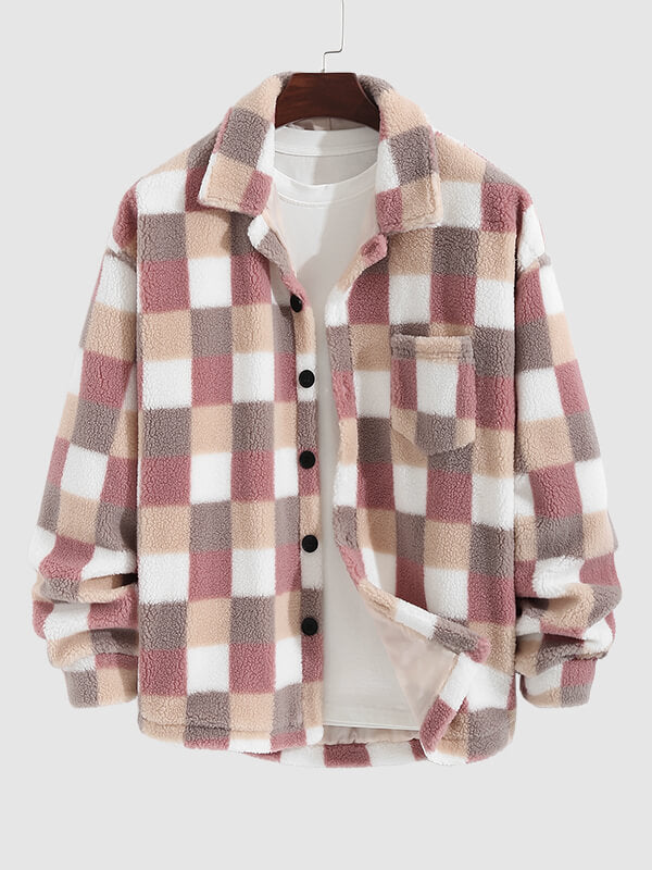 Classic Plaid Fluffy Single Pocket Button Lapel Jacket