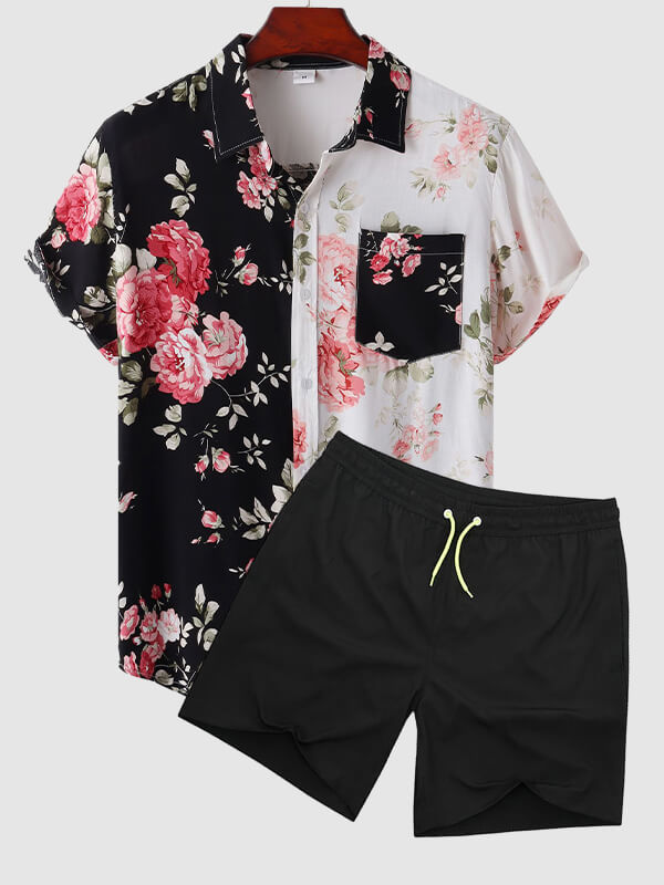 Men's Hawaiian Floral Patchwork Short Sleeve Shirt Swimming Shorts Set