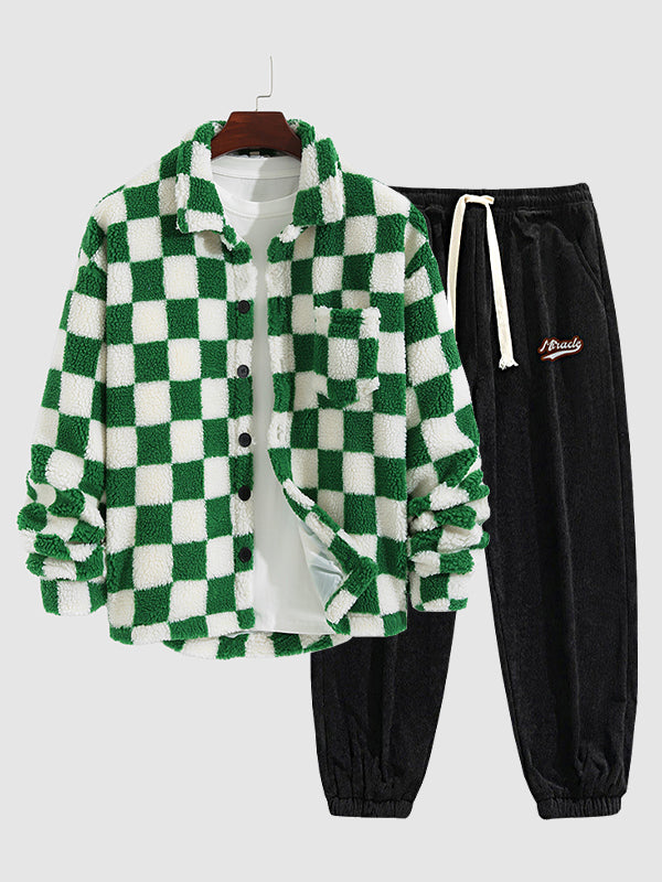 Men's Classic Checkerboard Fly Fluffy Fleece Jacket Corduroy Pants Casual Set