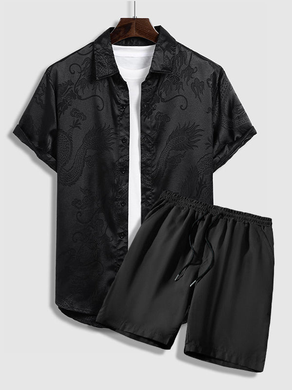 Men's Chinese style dragon totem satin shirt shorts set