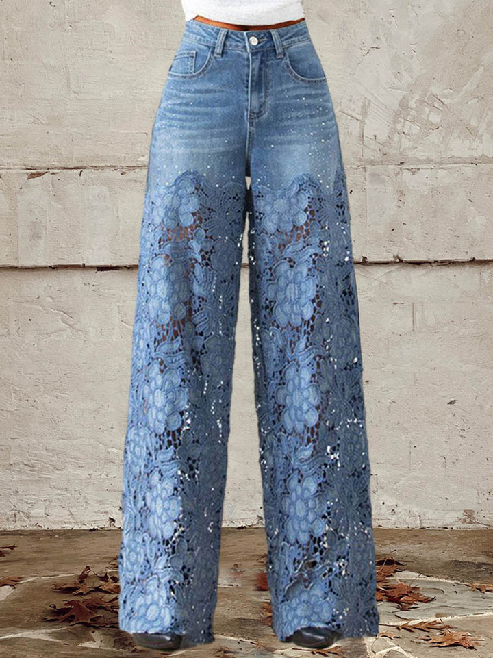 Sylvara | Wide Leg Lace Denim Pants