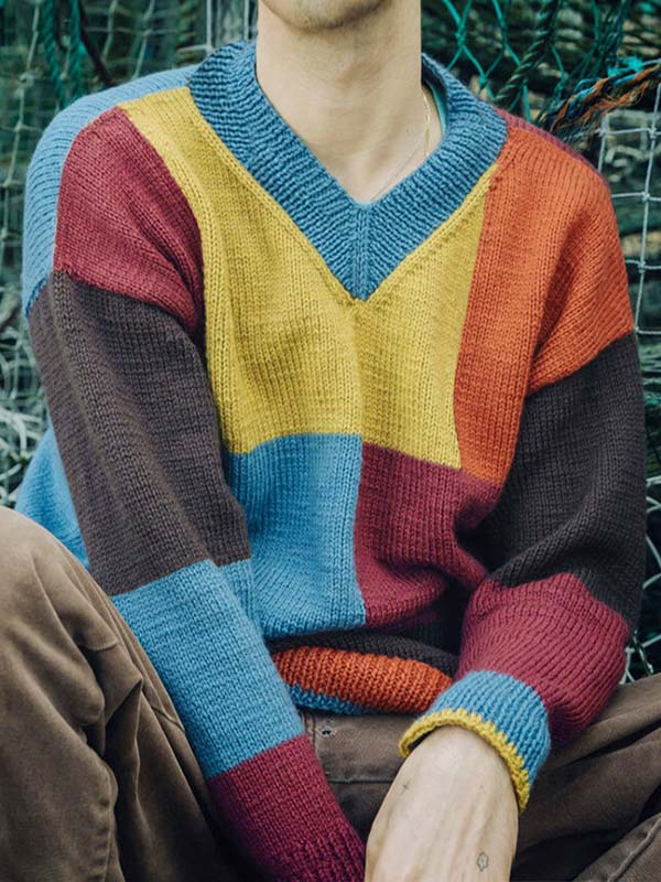 Men's colorful casual patchwork V-neck sweater