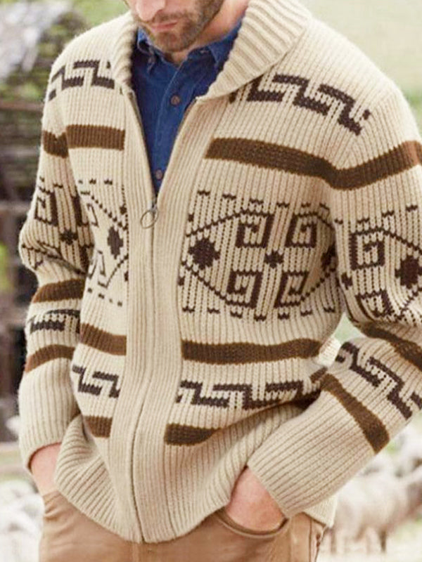 Men's lapel jacquard knitted casual sweater cardigan jacket