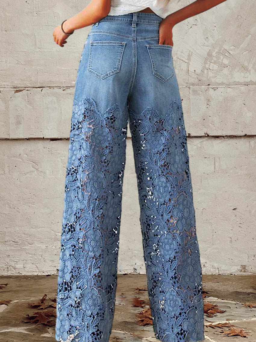 Sylvara | Wide Leg Lace Denim Pants