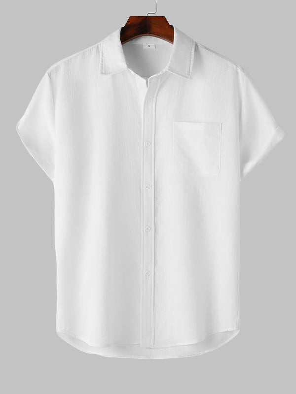 Men's Solid cotton casual lapel solid color short-sleeved shirt