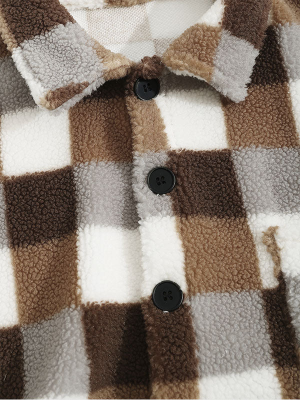 Classic Plaid Fluffy Single Pocket Button Lapel Jacket