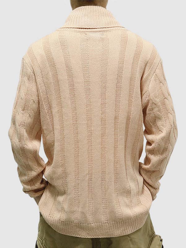 Men's Solid Color Cable-Knit Slim Fit Slant Collar Pullover Sweate