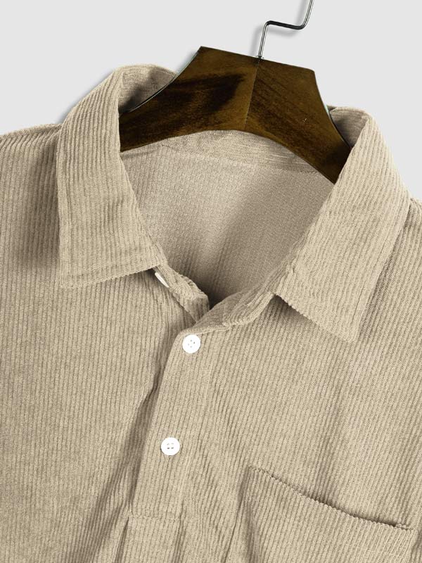 Men's Corduroy Half Button Short Sleeve Shirt Casual Shorts Set