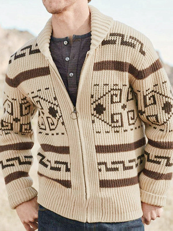 Men's lapel jacquard knitted casual sweater cardigan jacket