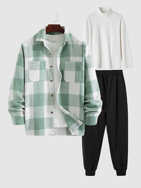 Men's plaid Wool Blend long-sleeved shirt basic base T-shirt casual sweatpants three-piece set