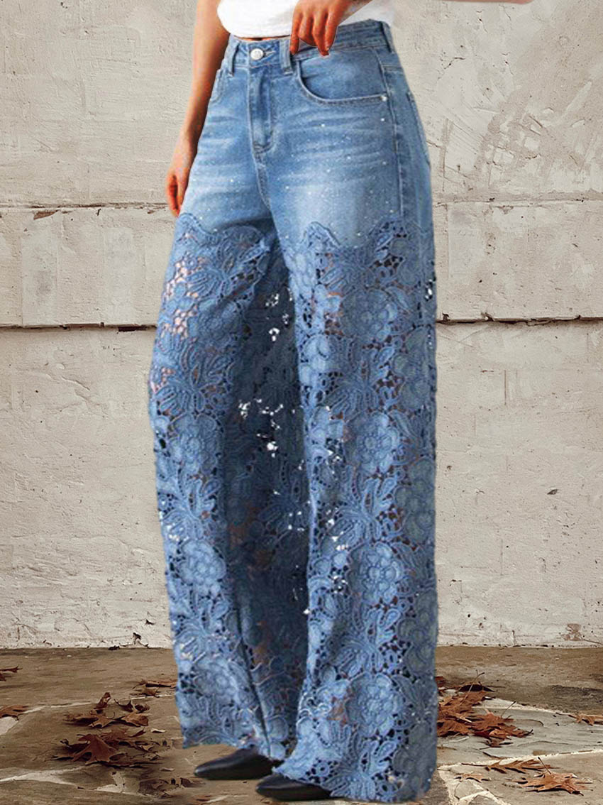 Sylvara | Wide Leg Lace Denim Pants