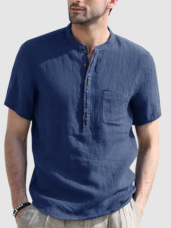 Men's cotton-linen Henley collar solid color short-sleeved shirt