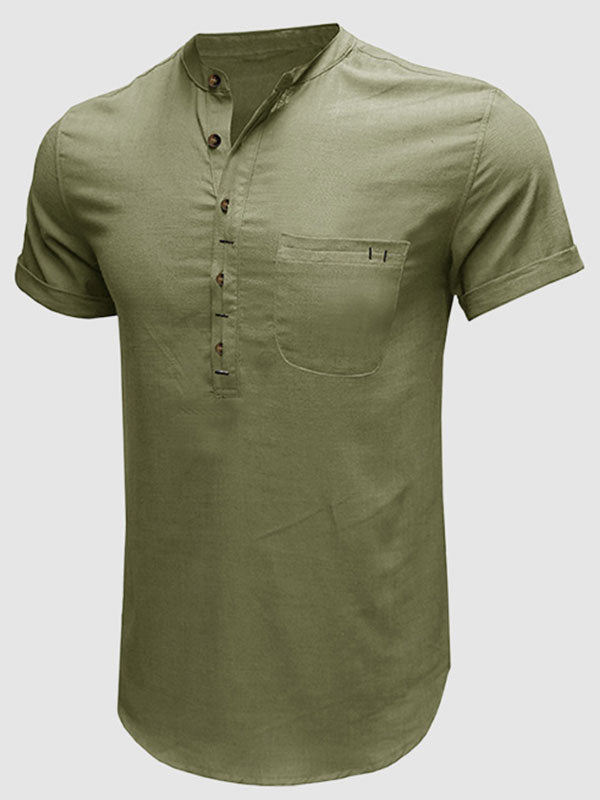 Men's cotton-linen Henley collar solid color short-sleeved shirt