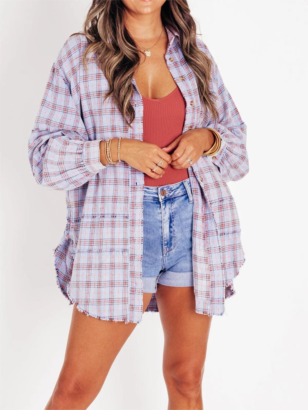 WOMEN'S RAW EDGE OVERSIZED SHIRT JACKET WITH POCKETS