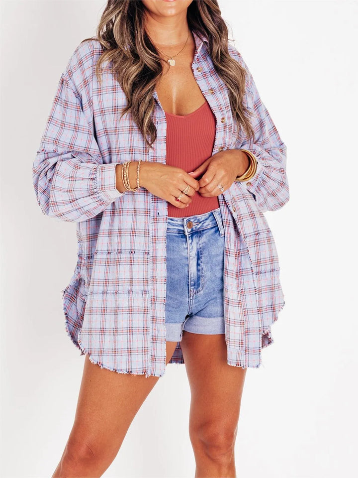 WOMEN'S RAW EDGE OVERSIZED SHIRT JACKET WITH POCKETS