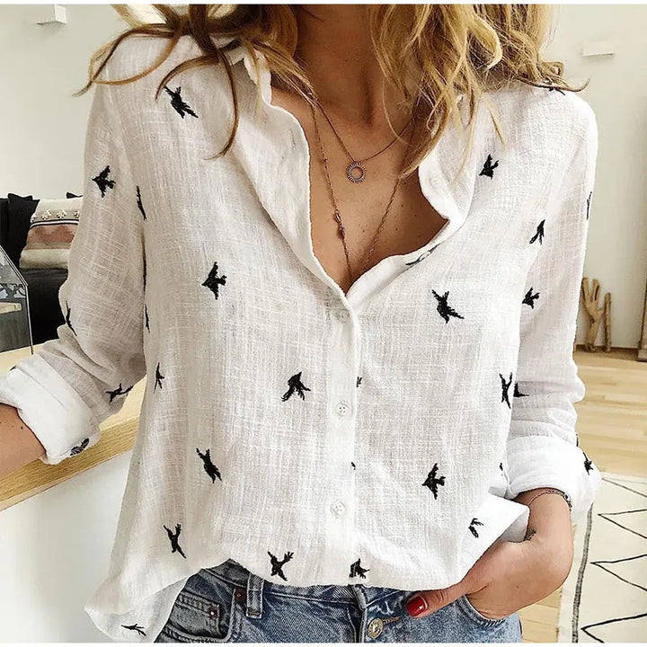 Noelle | Relaxed Bird Print Button Blouse